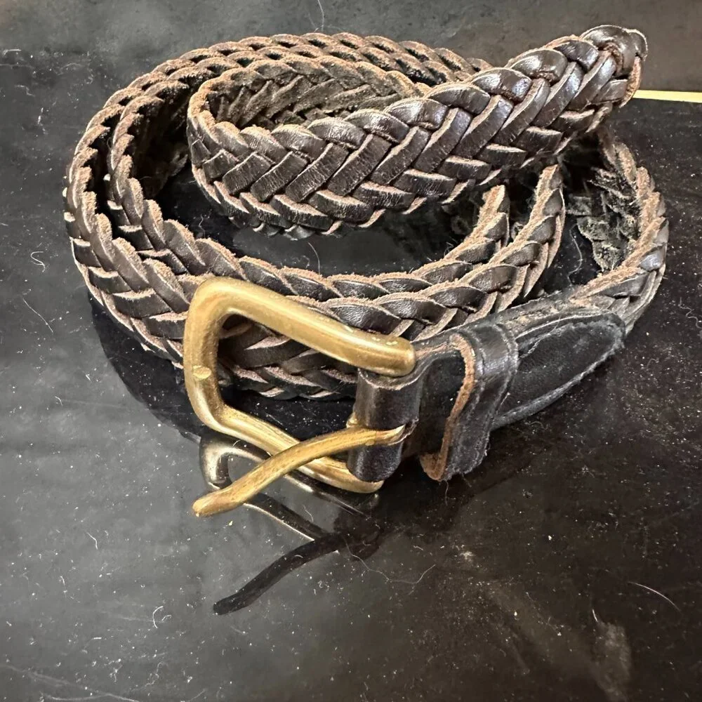 Vintage  Genuine Leather Braided Belt Brown Western   S-XL Brass Buckle